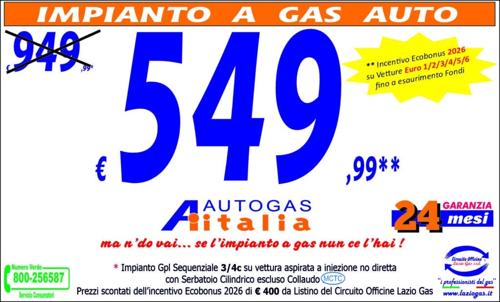 Promozione impianto GPL Autogas Italia a 549,99 euro con 24 mesi di garanzia