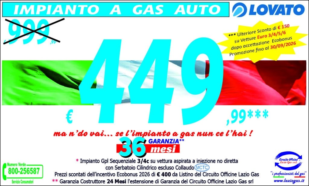 Promozione impianto GPL Lovato a 449,99 euro con 36 mesi di garanzia